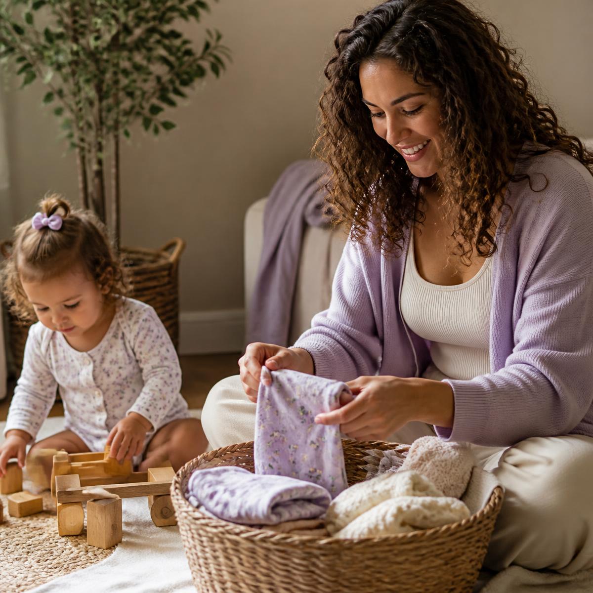 Parent folding children's clothes into a basket while their toddler plays